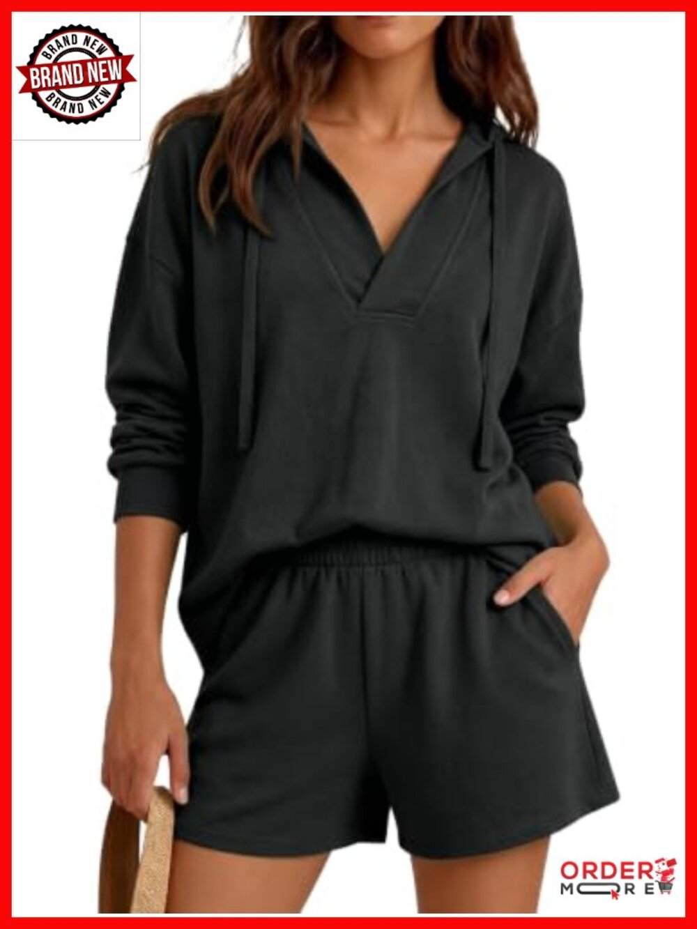 Women's 2 Piece Lounge Set Long Sleeve V-Neck Hoodie & Shorts Sweatsuit